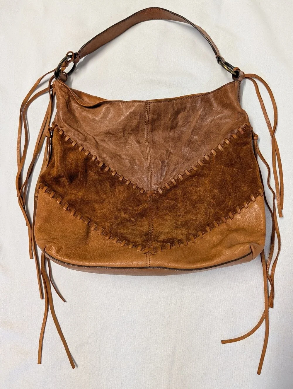 Johnny Was Brown and Tan Leather Suede Fringe Shoulder Bag